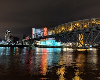 A brightly lit casino with neon signs and red lights is reflected in a river. A bridge stretches across the water, with an urban skyline visible in the background against an overcast night sky.
